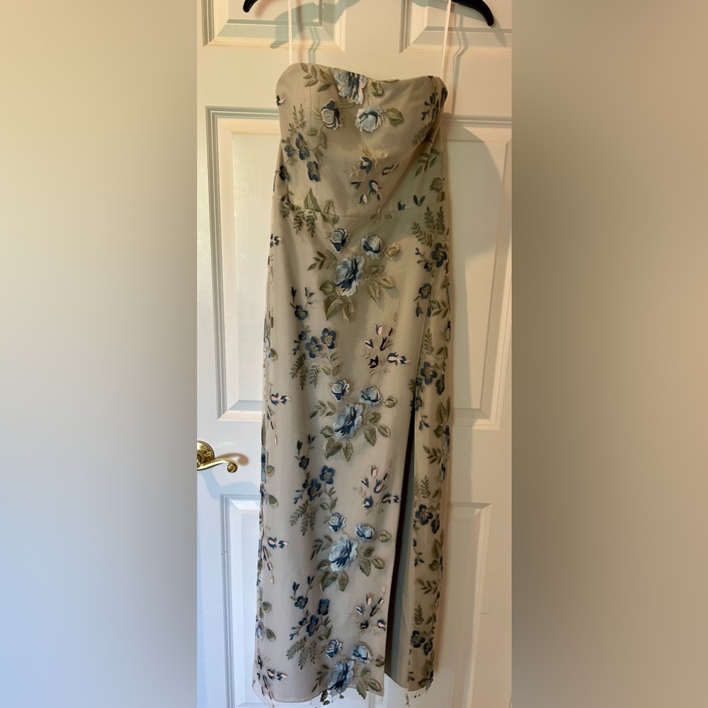 Jenny Yoo Floral Strapless Gown with Blue and Green Print.